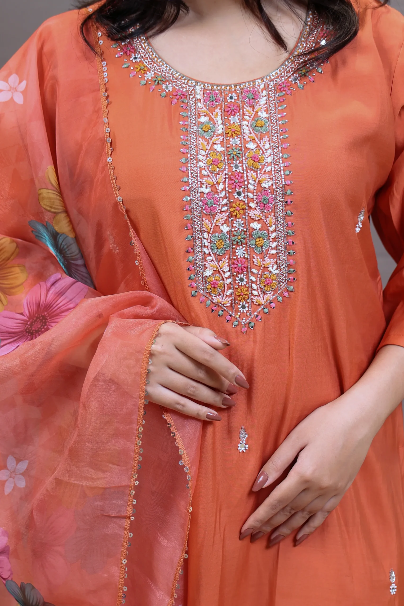 Straight Suit with Handwork on the Neck and Printed Dupatta - Image 2