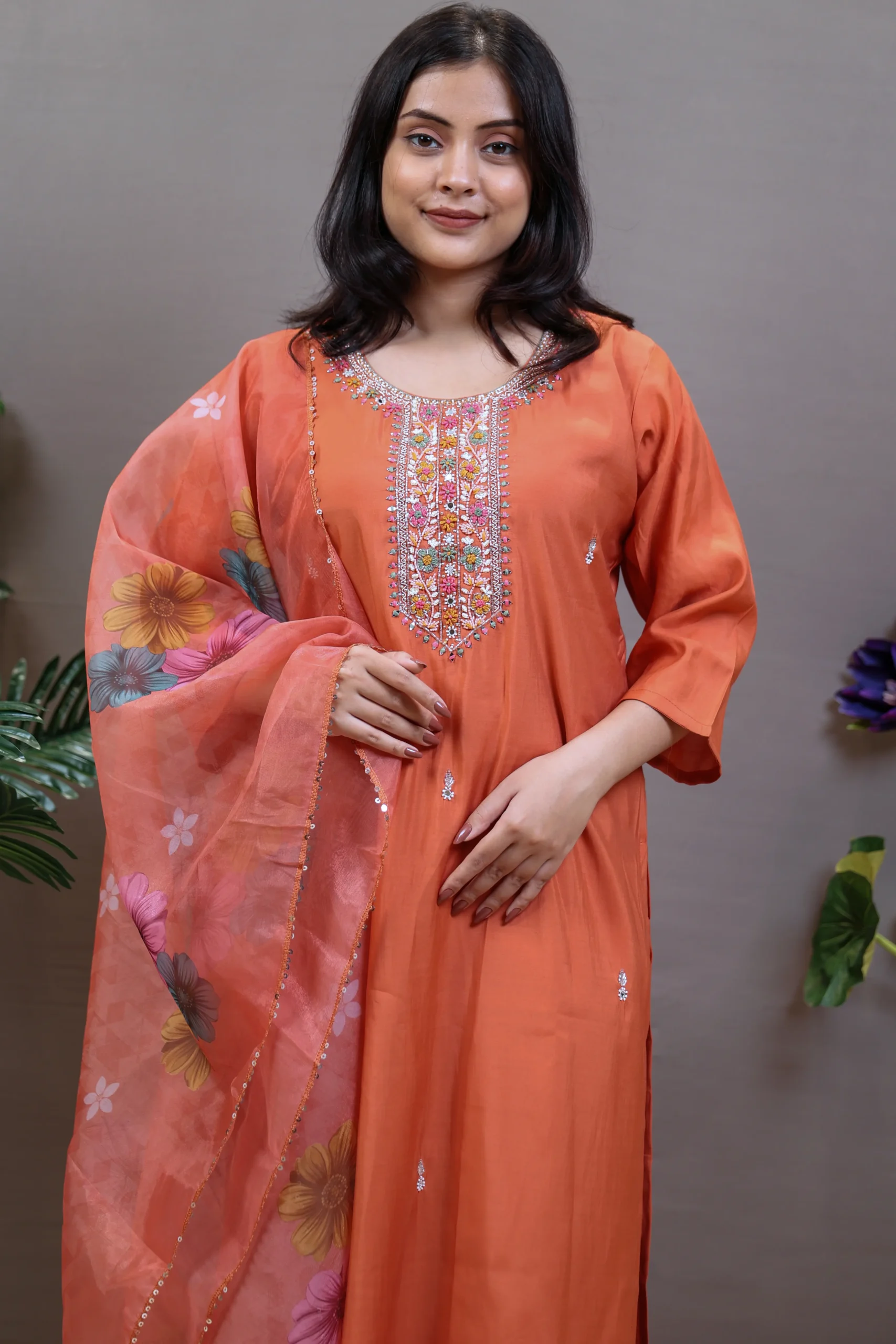 Straight Suit with Handwork on the Neck and Printed Dupatta - Image 3
