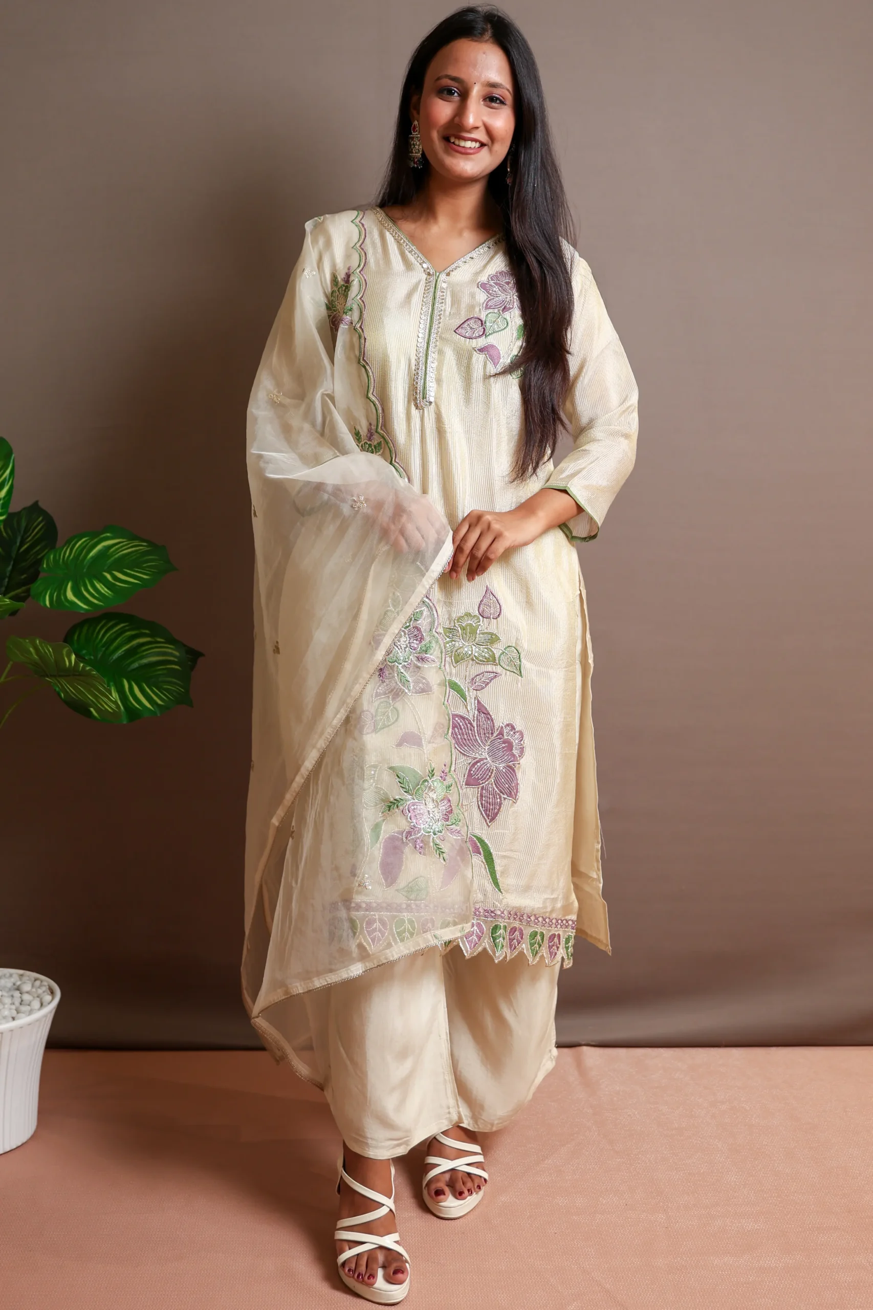 Tissue A-Line Suit with Work and Tissue Dupatta