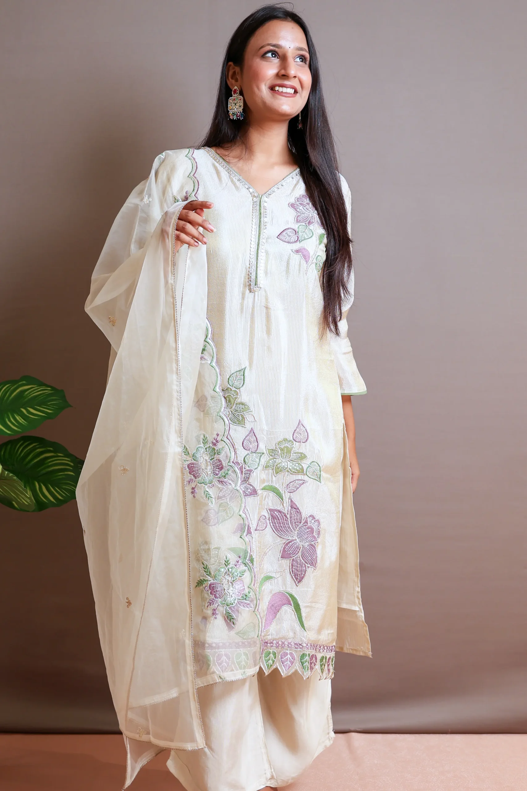 Tissue A-Line Suit with Work and Tissue Dupatta - Image 2
