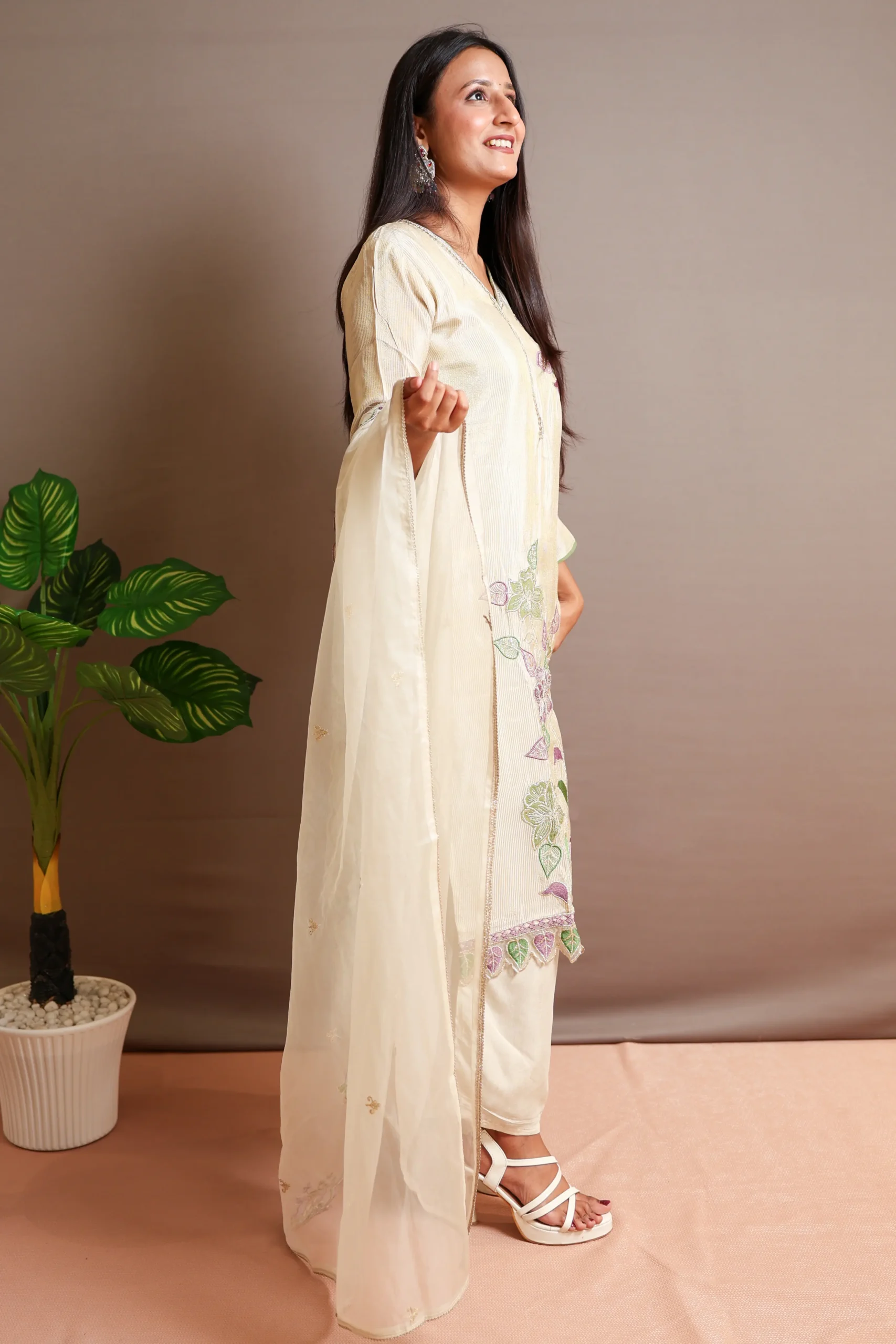 Tissue A-Line Suit with Work and Tissue Dupatta - Image 7