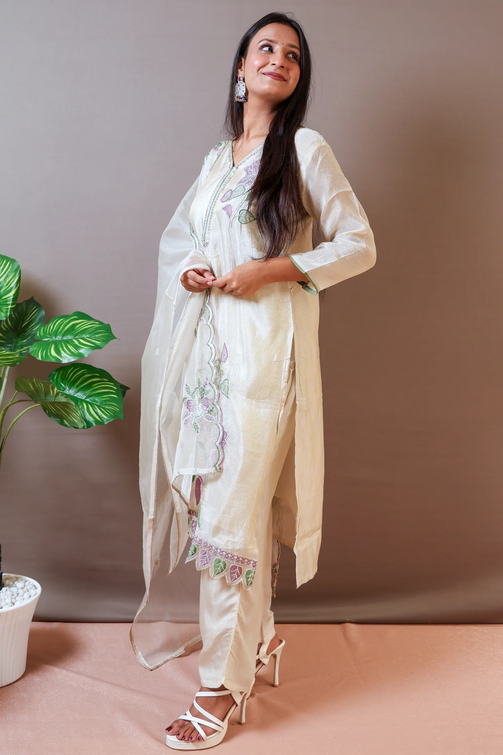 Tissue A-Line Suit with Work and Tissue Dupatta - Image 3