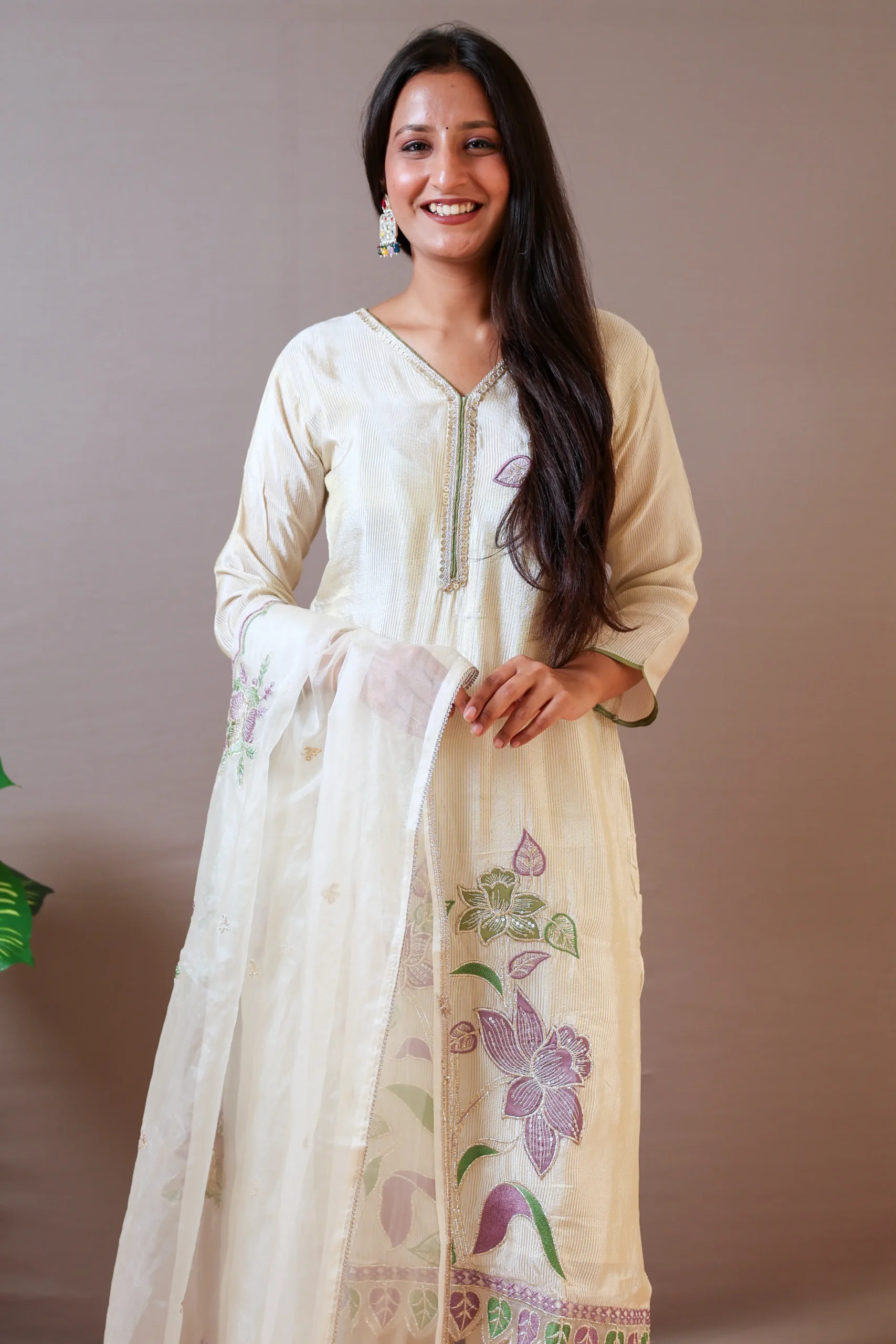 Tissue A-Line Suit with Work and Tissue Dupatta - Image 4