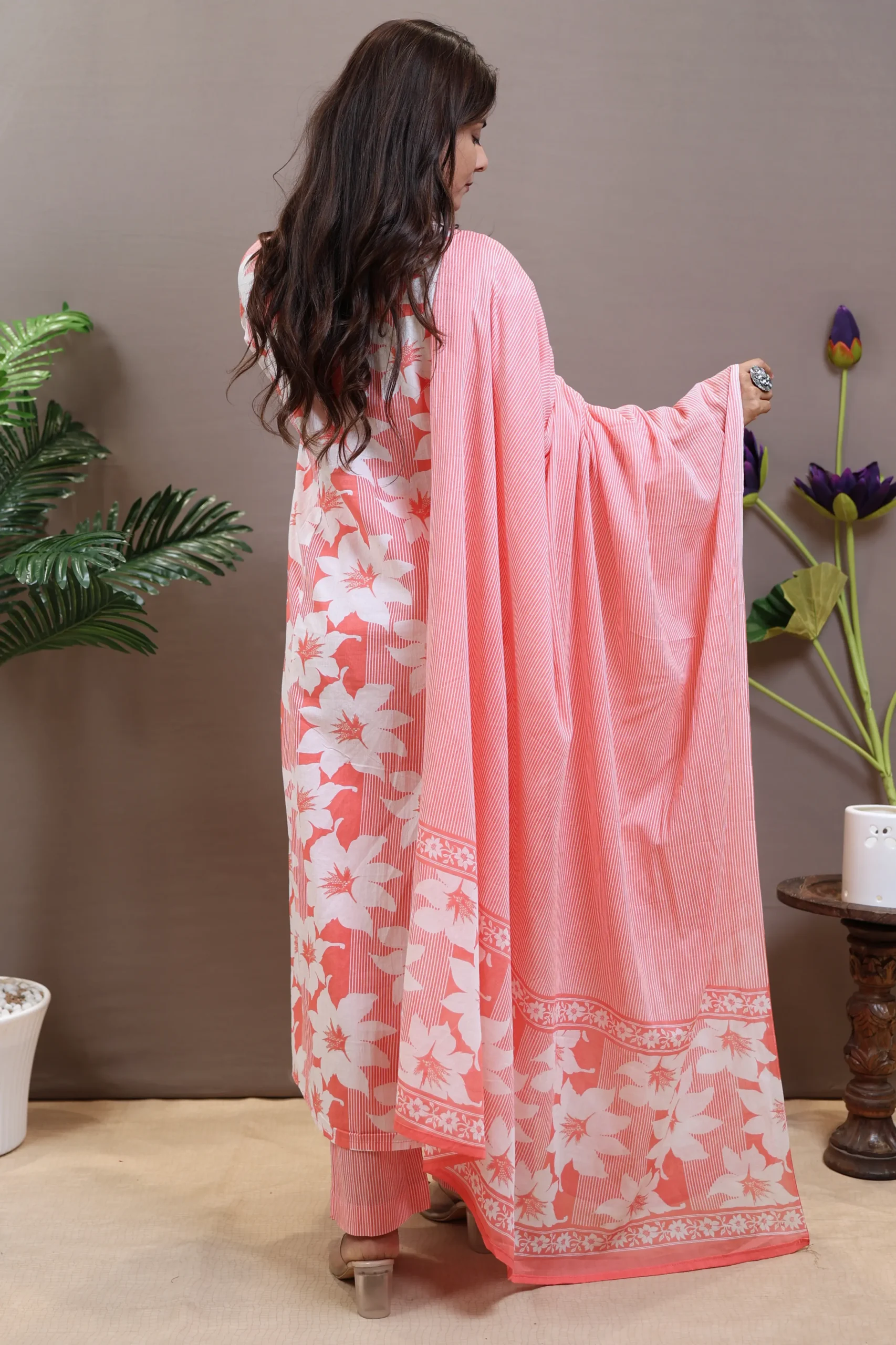 Printed V-Neck A-Line Suit with Cotton Dupatta - Image 8