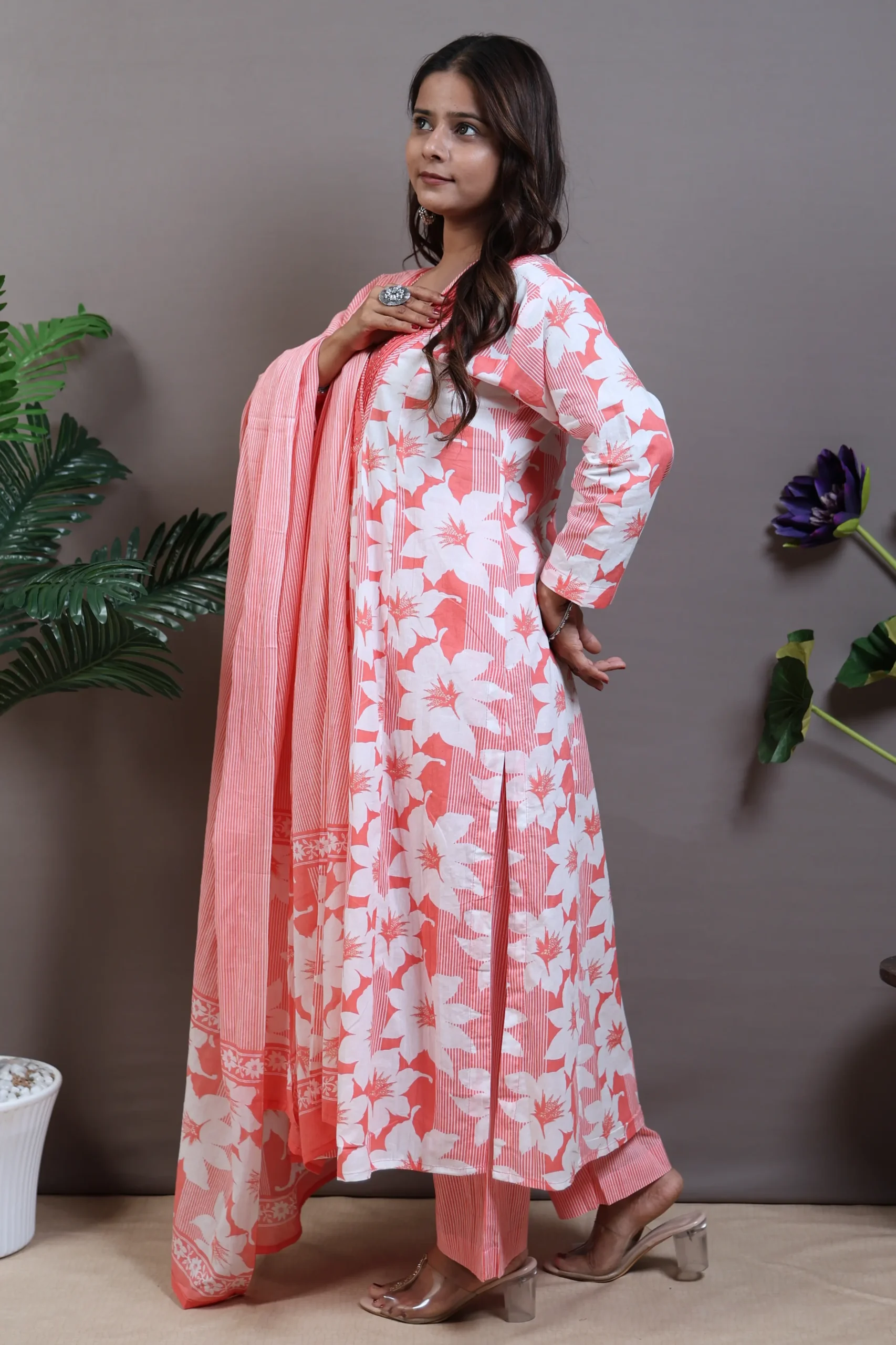 Printed V-Neck A-Line Suit with Cotton Dupatta - Image 4