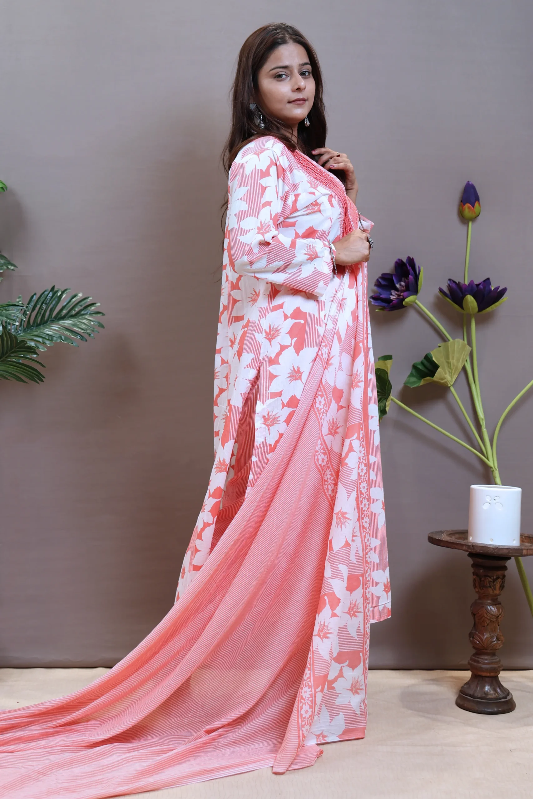 Printed V-Neck A-Line Suit with Cotton Dupatta - Image 5
