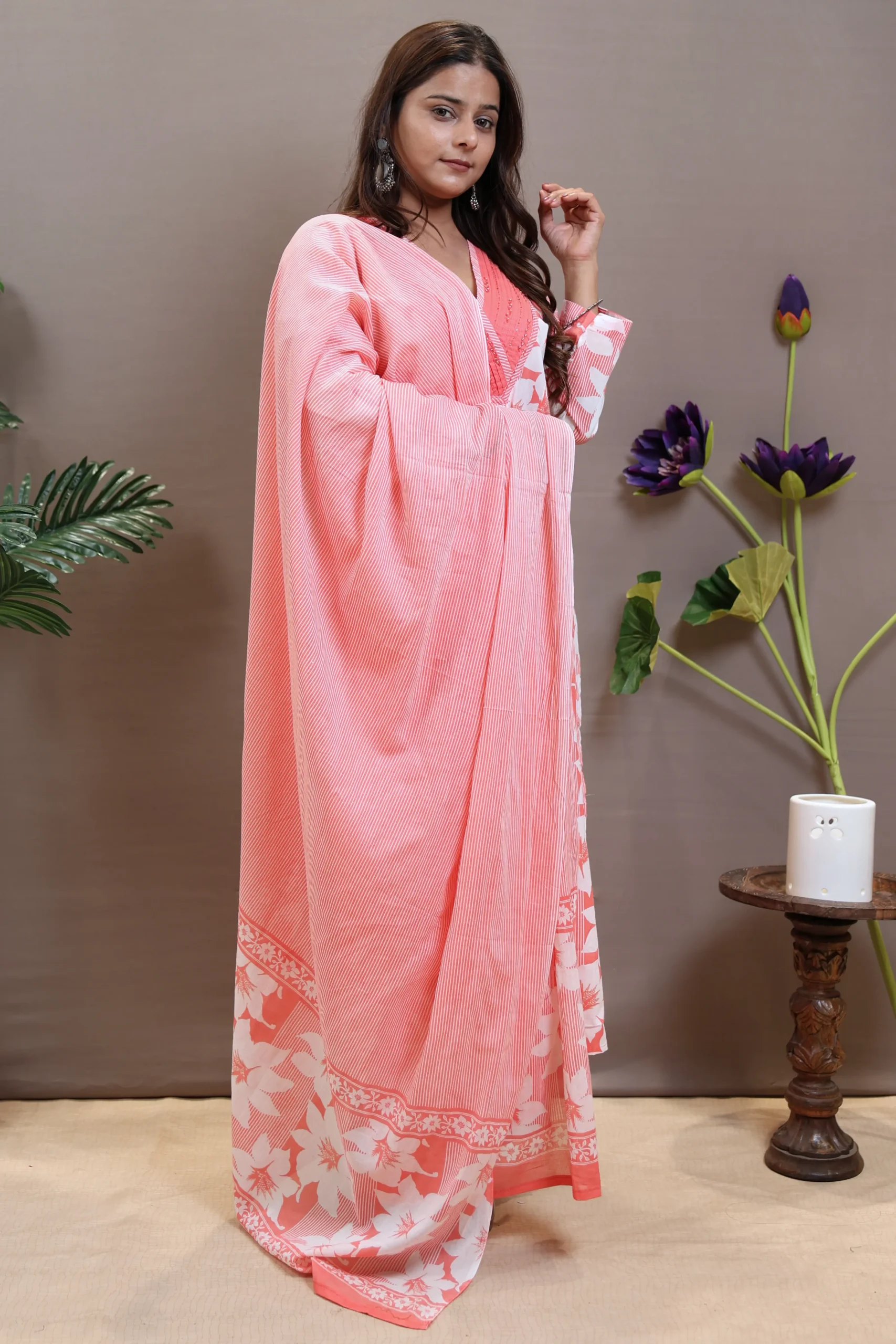 Printed V-Neck A-Line Suit with Cotton Dupatta - Image 6