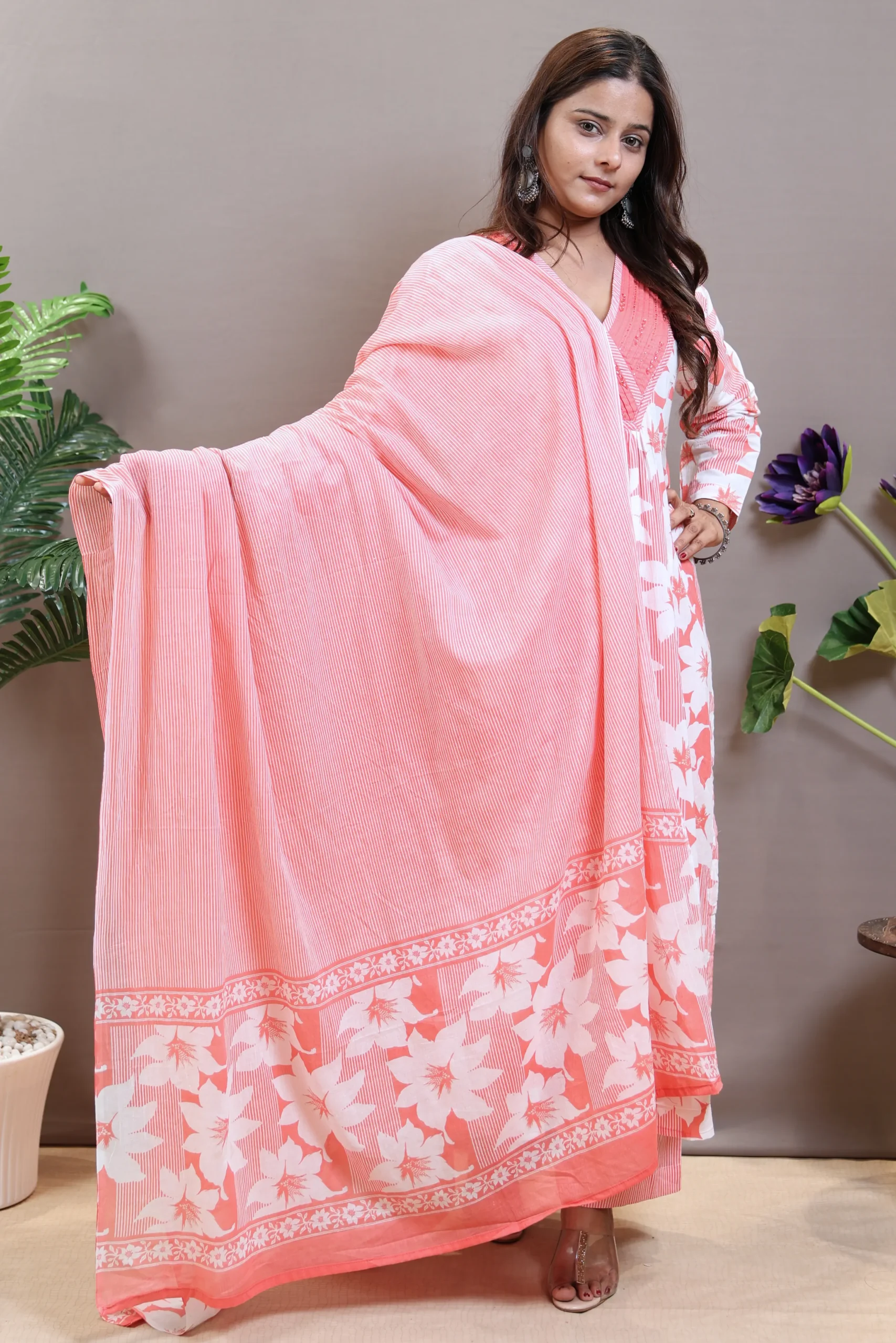 Printed V-Neck A-Line Suit with Cotton Dupatta - Image 7
