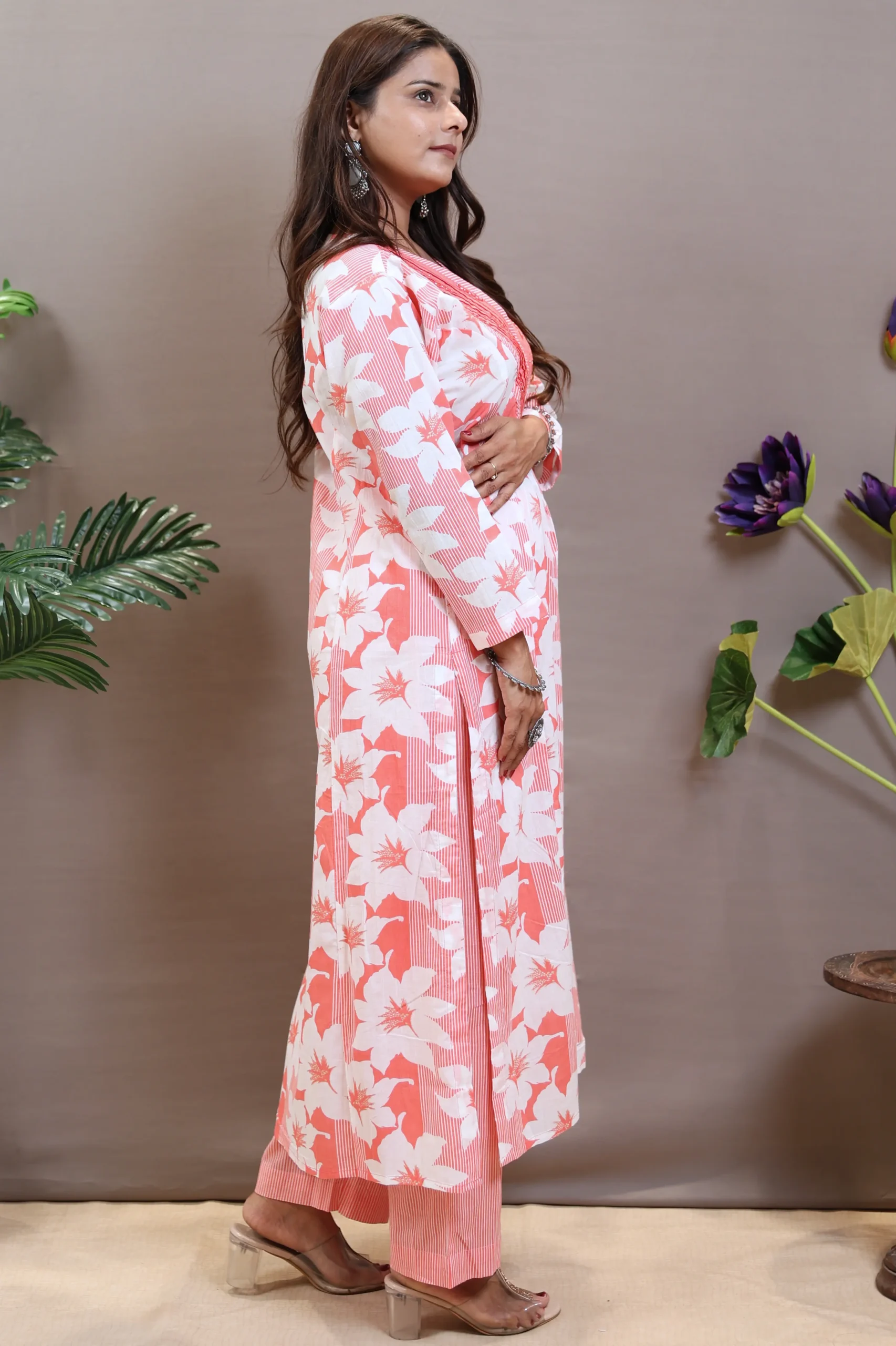 Printed V-Neck A-Line Suit with Cotton Dupatta - Image 3