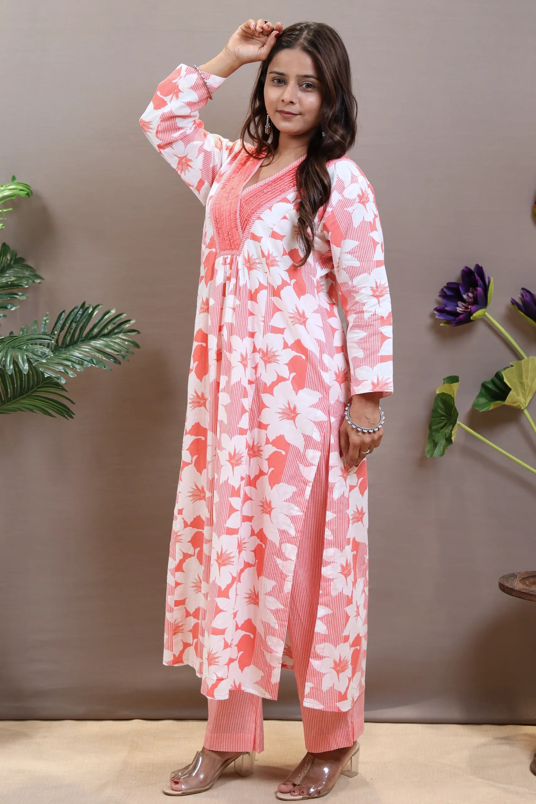 Printed V-Neck A-Line Suit with Cotton Dupatta - Image 2