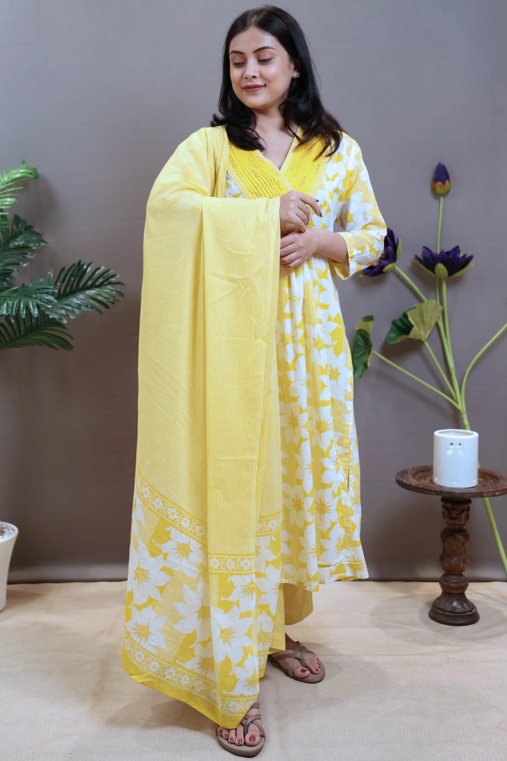 Printed V-Neck A-Line Suit with Cotton Dupatta - Image 11