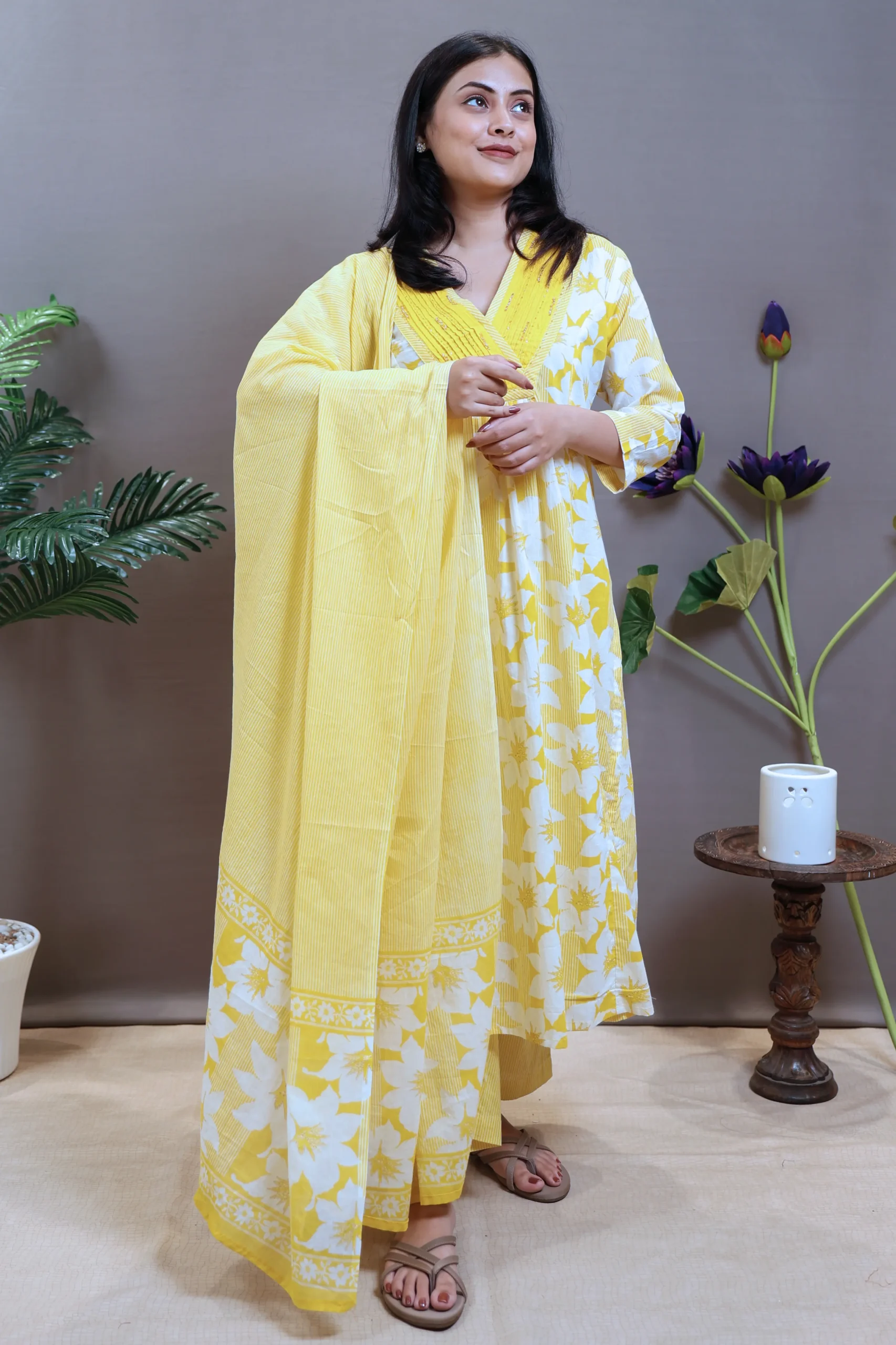 Printed V-Neck A-Line Suit with Cotton Dupatta - Image 10