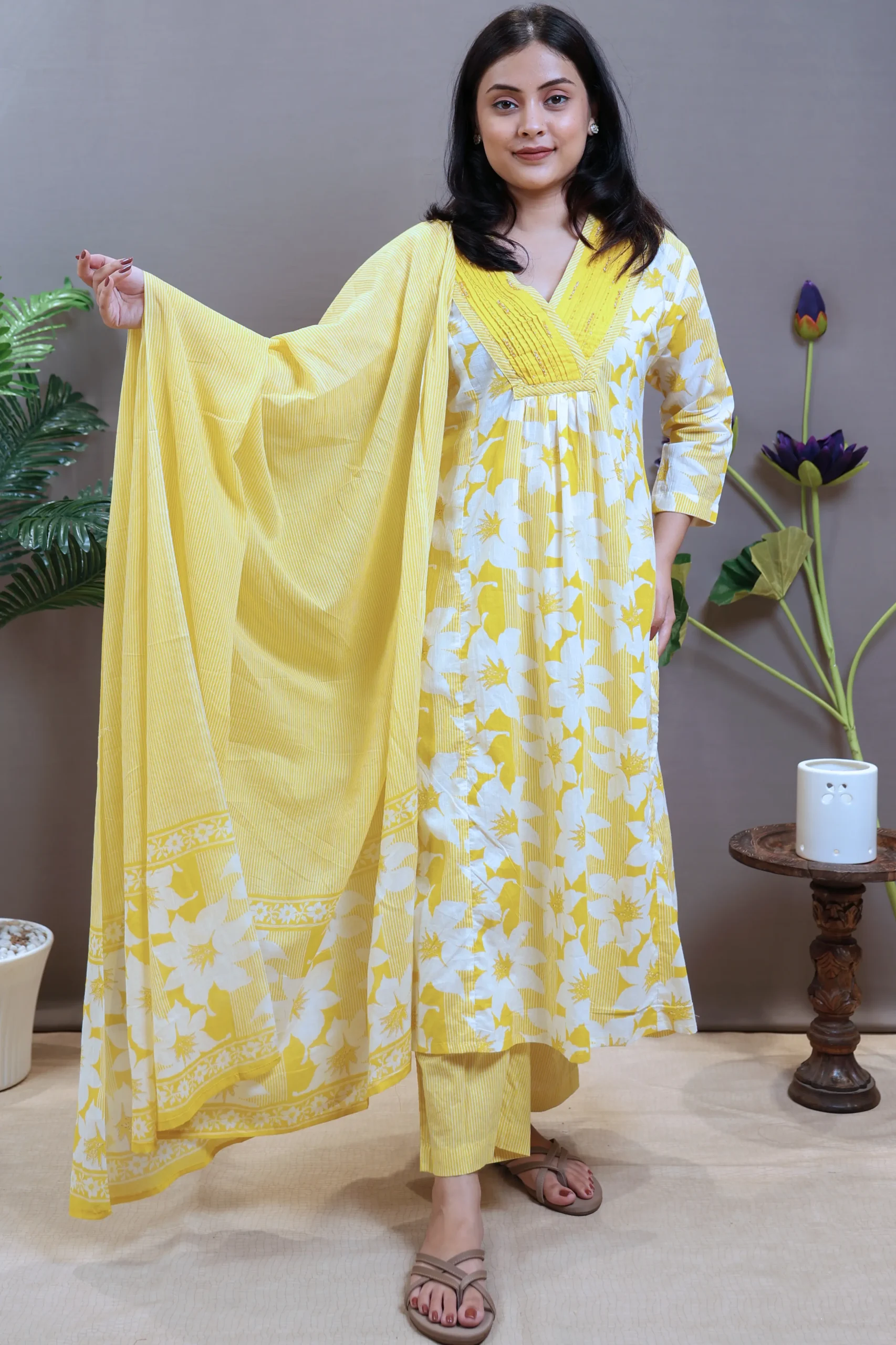 Printed V-Neck A-Line Suit with Cotton Dupatta - Image 9