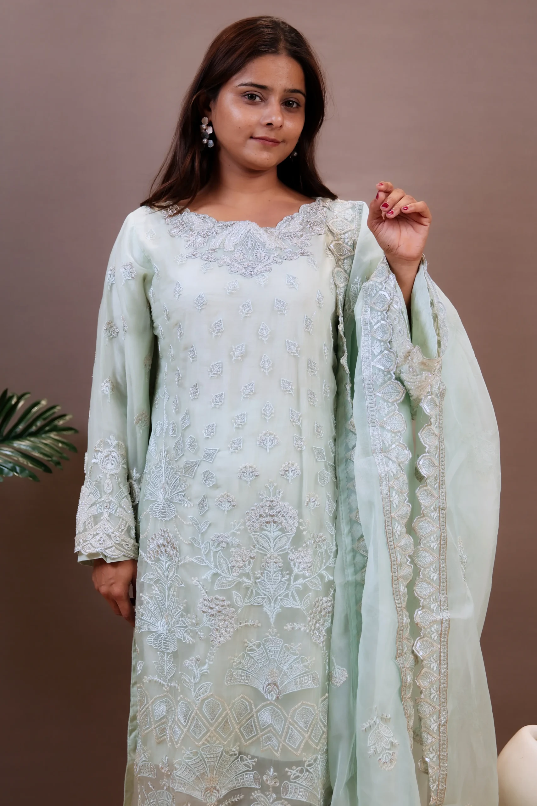 Organza Suit with Cutdana Work, Thread Work, and Lace Work - Image 4