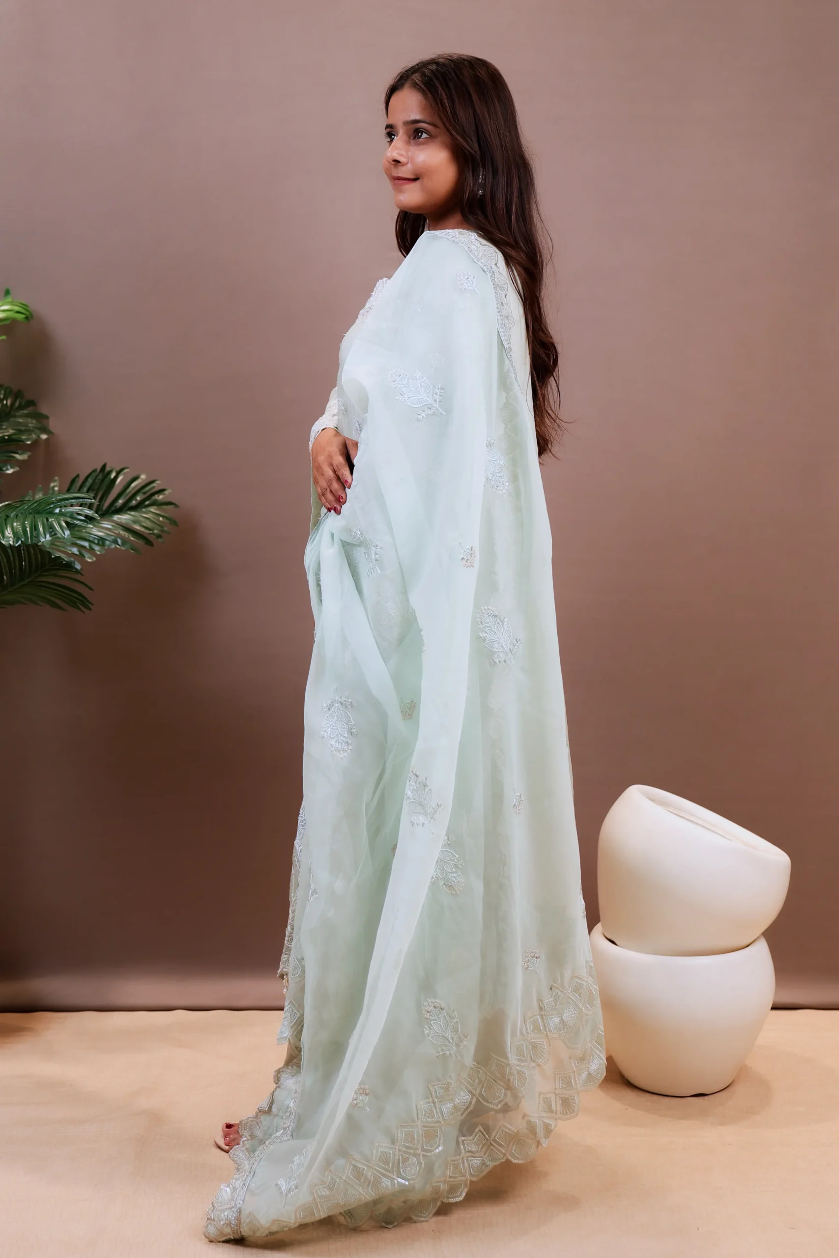 Organza Suit with Cutdana Work, Thread Work, and Lace Work - Image 3