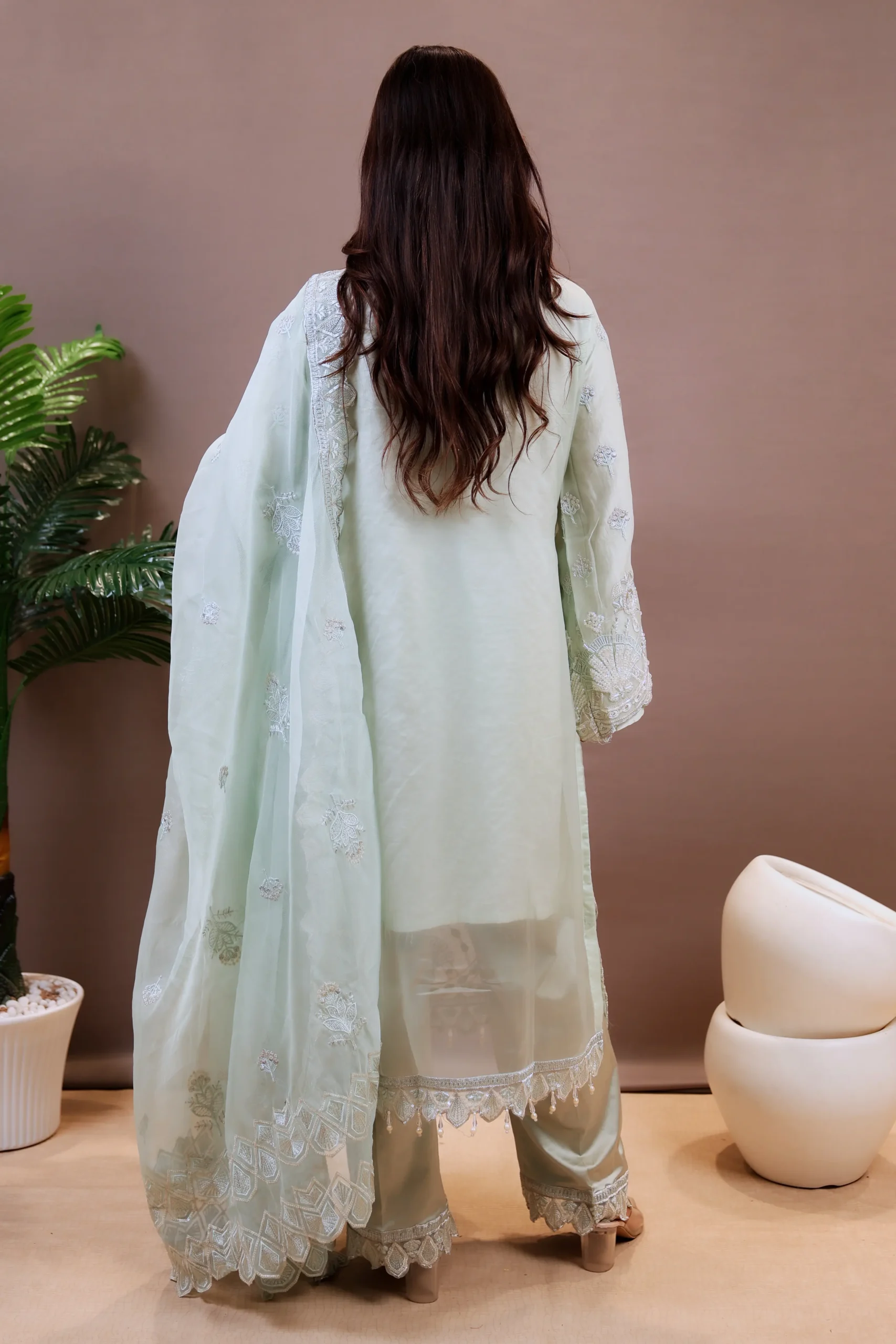 Organza Suit with Cutdana Work, Thread Work, and Lace Work - Image 6