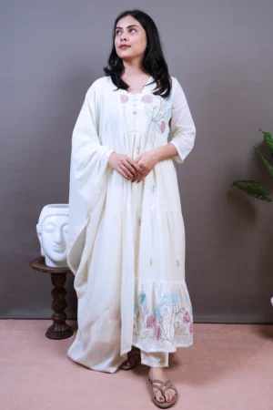 Anarkali Frock with Thread Work and Cotton Dupatta